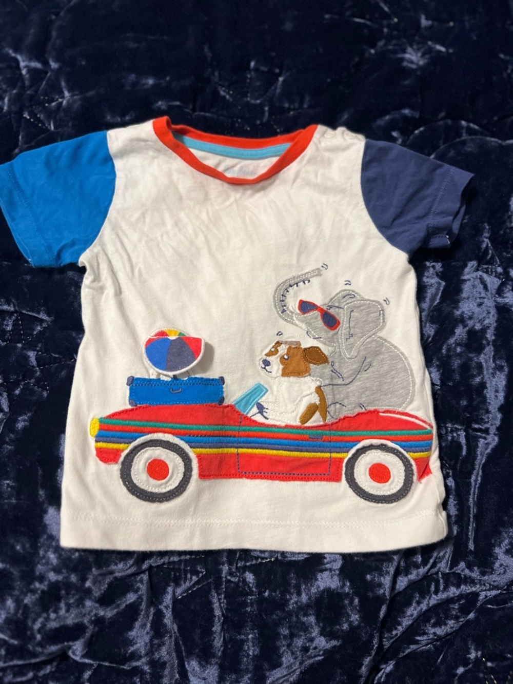 🐘 Mini Boden Kids White Tee with Colorful Car & Animal Applique